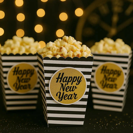 Personalized New Year's Eve Popcorn Favor Boxes: Black & Gold Party Decor Mi tienda