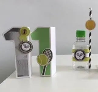 Tennis Party Bundle - Personalized Banner, Cake Topper, Favor Boxes, 3D Numbers & Water Labels Mi tienda