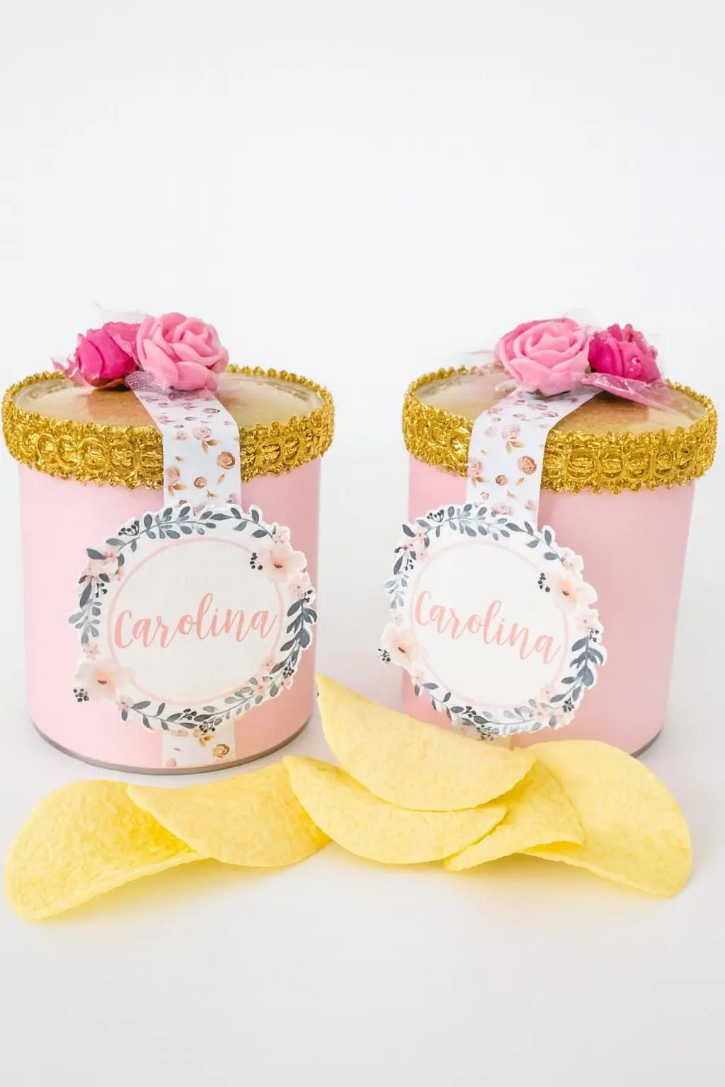 Pink Floral Pringles Favor Boxes: Personalized Mini Chip Can Favors with Gold Trim for Birthday, Bridal Shower, Baby Shower Mi tienda