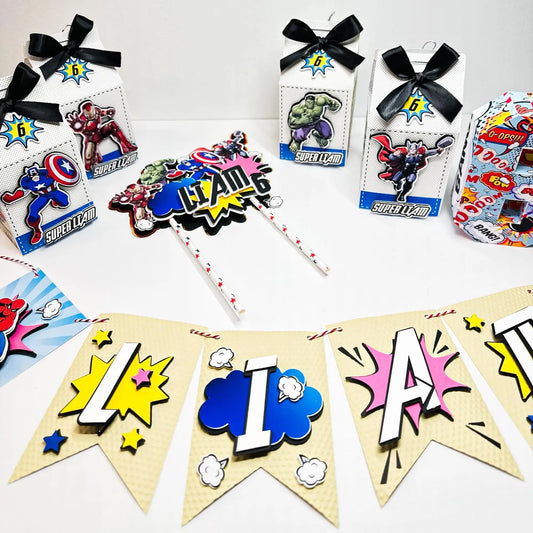 Superhero Party Decoration Bundle – Comic Style Birthday Kit with Banner, Cake Topper, Favor Boxes, Cupcake Toppers, 3D Number Mi tienda