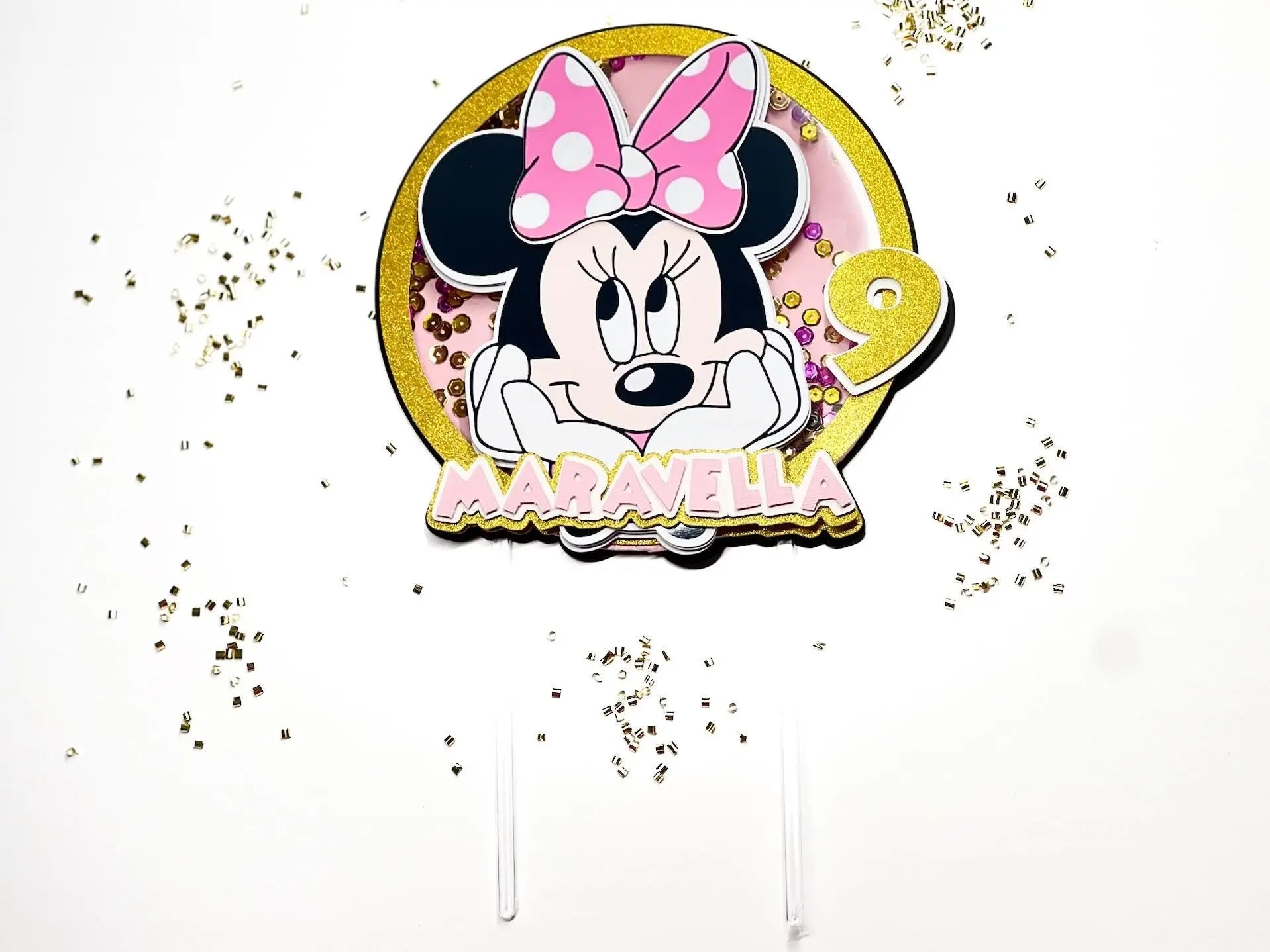 Minnie Mouse Cake Shaker Topper | Custom Name & Age | Pink, Gold or Red | Personalized Birthday Party Decor | Minnie Mouse Theme Mi tienda