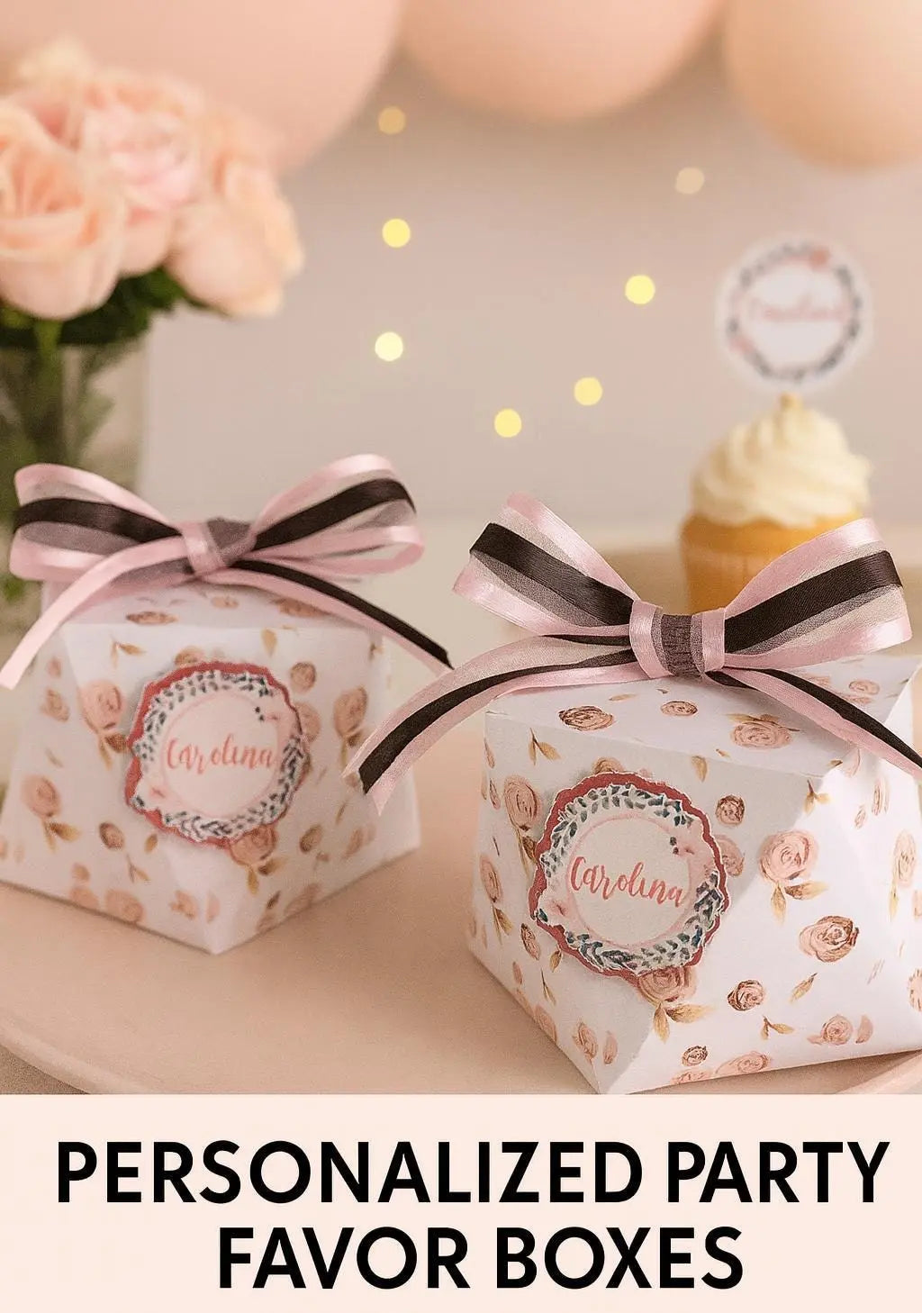 Personalized Floral Favor Boxes with Satin Bow: Custom Name Party Favors for Baby Shower, Bridal Shower, Girls Birthday Mi tienda