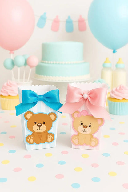 Teddy Bear Favor Box with Satin Bow – Pink and Blue Treat Box for Baby Shower Mi tienda