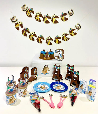 Horse Birthday Party Bundle – Personalized 3D Letter, Banner, Pringles, Favor Boxes, Juice Labels & Plates with Spoons Mi tienda