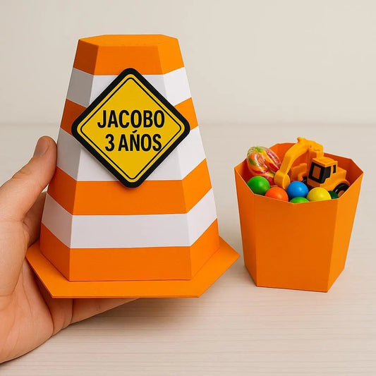 Construction Cone Favor Box: Orange Cardstock, Personalized Name, Kids Birthday Party Mi tienda