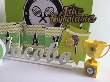 Tennis Party Bundle - Personalized Banner, Cake Topper, Favor Boxes, 3D Numbers & Water Labels Mi tienda