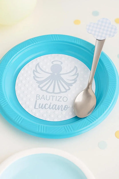 Personalized Angel Baptism Plates with Cloud Spoons: Christening Party Tableware Mi tienda