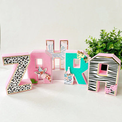 Safari Birthday Name Letters: 6" Pink Jungle 3D Centerpiece, Personalized Girl Party Decor Mi tienda