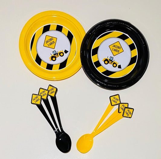 Construction Party Plates with Spoons – Builder Theme Party Supplies