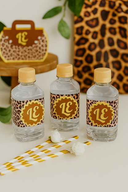 Leopard Print Water Bottle Labels + Straws – Jungle Party Accessory