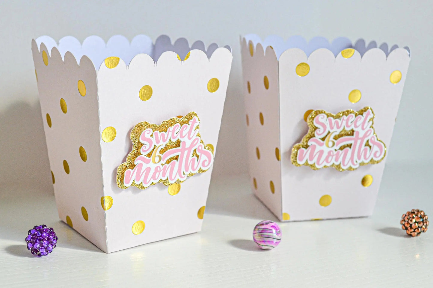 Personalized Gold & Pink Polka Dot Popcorn Boxes – Custom Baby Shower or Birthday Party Favors – Kids' Celebration Treat Containers Mi tienda