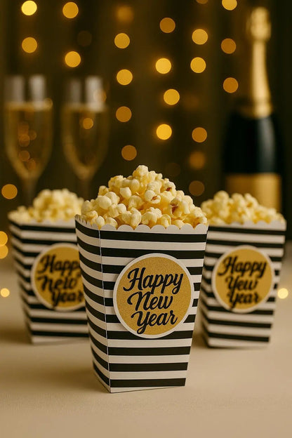 Personalized New Year's Eve Popcorn Favor Boxes: Black & Gold Party Decor Mi tienda
