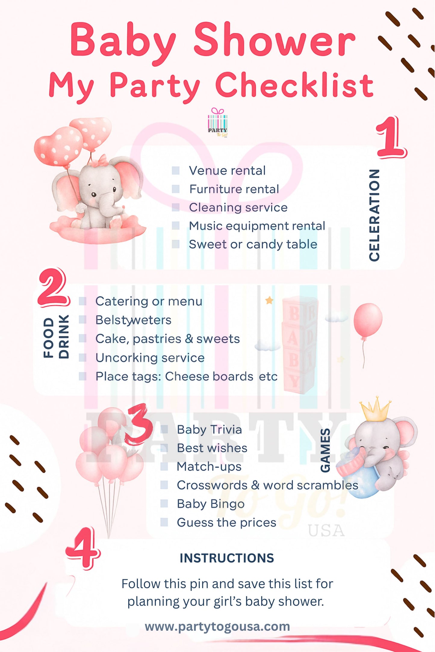 Baby Shower Planning Checklist Printable —  Pink Elephant Design (Free Download)