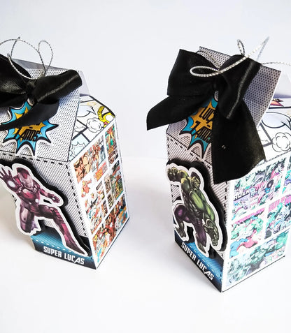 Handmade Superhero Party Package, Comic Book Style Cake Topper, 3D Numbers, Candy Boxes, Milk Box Shaker, Cupcake Toppers, Birthday Banner Mi tienda