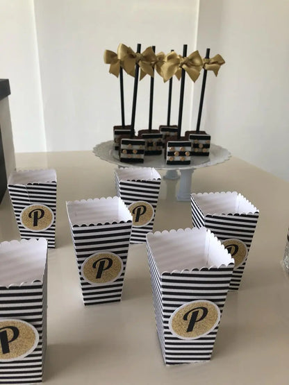 Personalized Black & Gold Popcorn Boxes: Elegant Party Favors Mi tienda