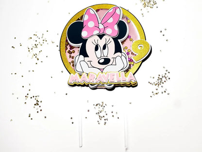 Minnie Mouse Cake Shaker Topper | Custom Name & Age | Pink, Gold or Red | Personalized Birthday Party Decor | Minnie Mouse Theme Mi tienda