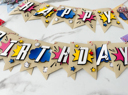 Superhero Party Decoration Bundle – Comic Style Birthday Kit with Banner, Cake Topper, Favor Boxes, Cupcake Toppers, 3D Number Mi tienda