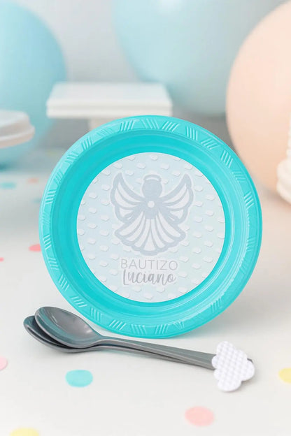 Personalized Angel Baptism Plates with Cloud Spoons: Christening Party Tableware Mi tienda